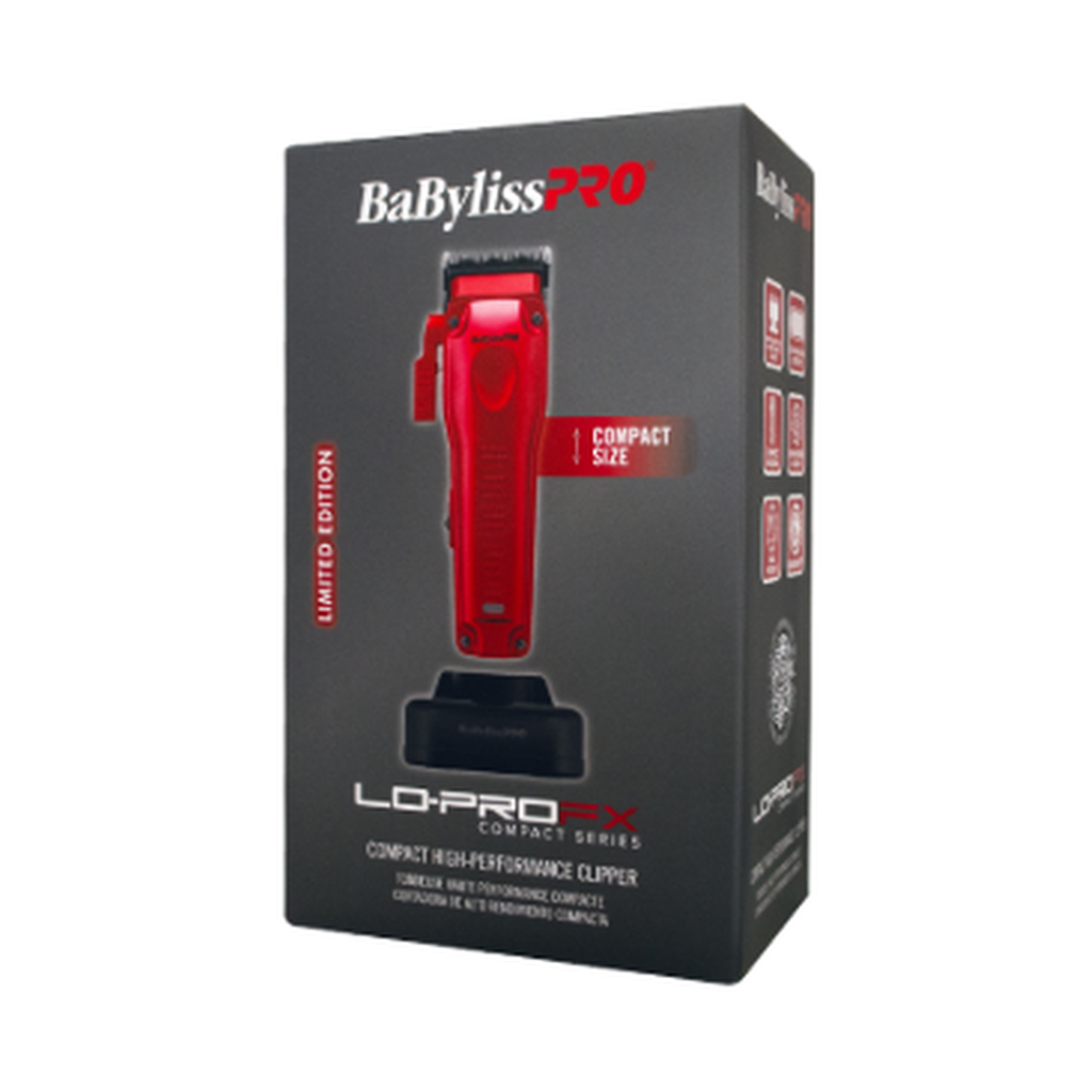 Authentic BaBylissPRO LO-PROFX Compact cordless clipper in red, model FX82RD, branded packaging on white background