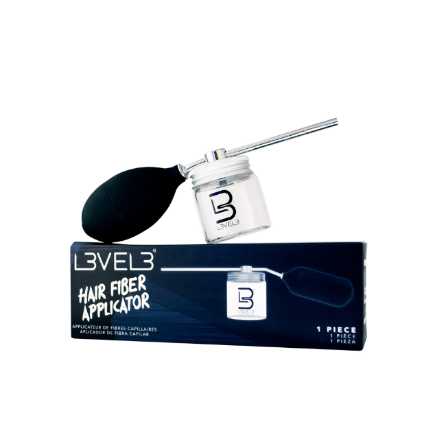 L3VEL3 Hair Fiber Applicator original supplier photo showing atomizer, glass jar, and packaging