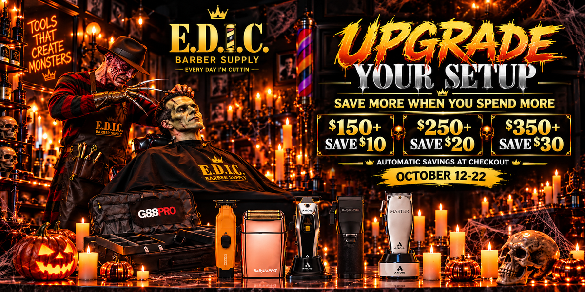 E.D.I.C. Barber Supply Upgrade Your Setup October 12-22, Halloween shop scene, professional tools and automatic savings tiers