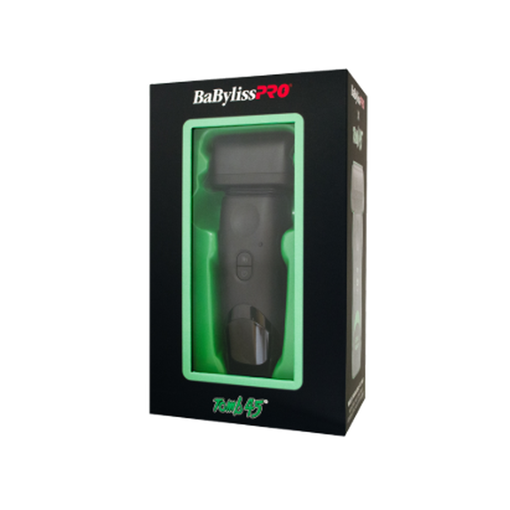 BaBylissPRO Tomb45 Wireless-Charging Double-Foil Shaver FXT45FS genuine retail packaging on white background