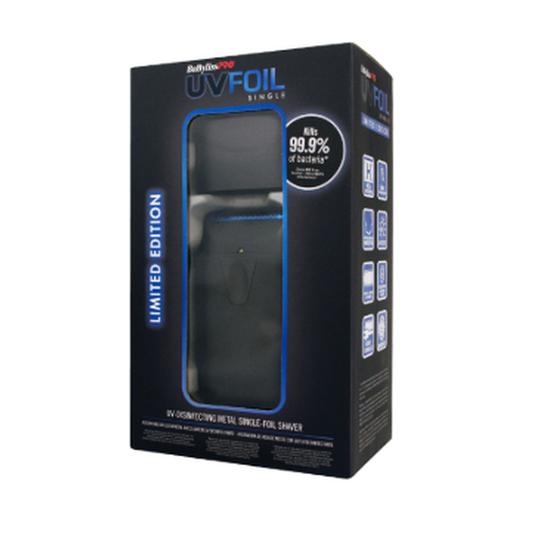BaBylissPRO UVFOIL matte black single foil shaver FXLFS1MB original packaging on a white background